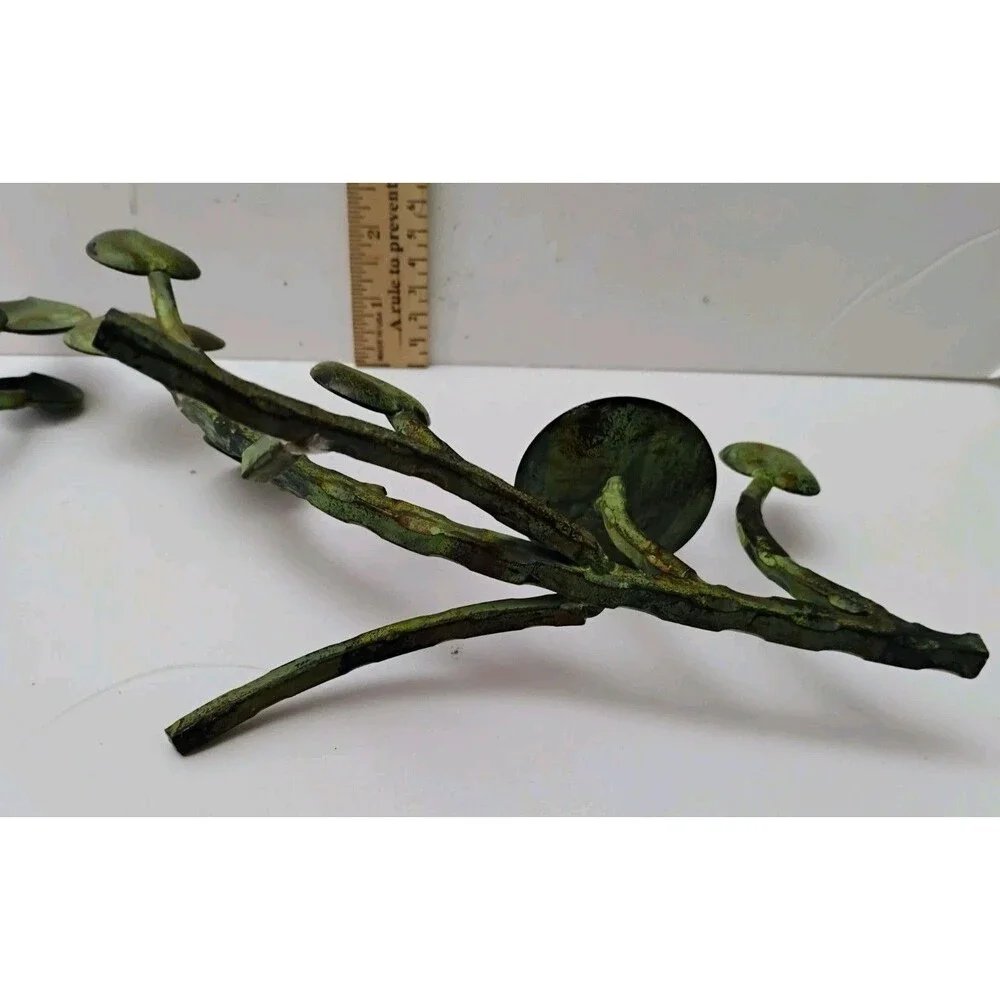 Vintage Metal Branch Candle Holders Pair Leaf Vine Verdigris Green Taper 2pc